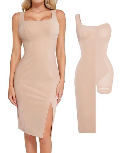 popilush faux leather dress for women square neck slit midi bodycon dresses with built in shapewear night out outfit skin