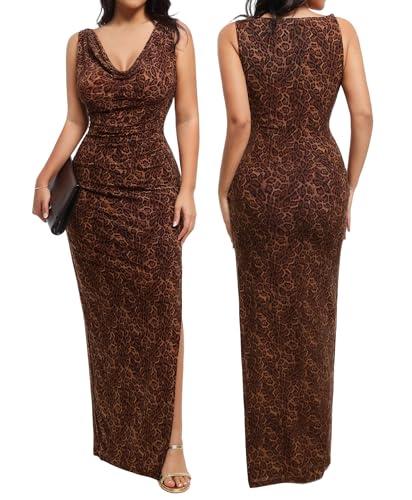 popilush formal dresses for women - shapewear cowl neck maxi ruched bodycon gowns with slit - prom dress for wedding guest leopard print