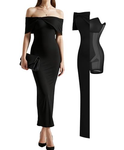 popilush formal dresses for women wedding guest off the shoulder maxi dress sleeveless bodycon long shapewear prom dress black