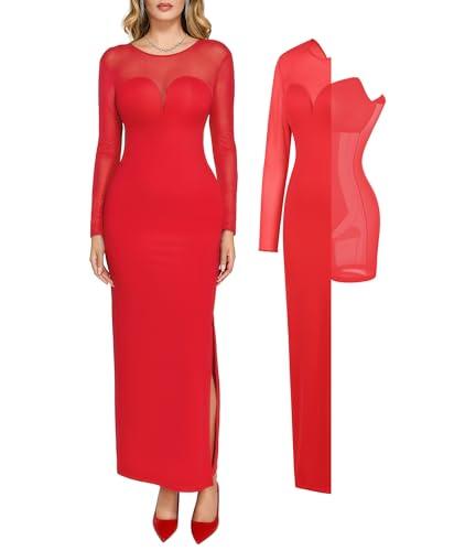 popilush formal long sleeve dresses for women corset shapewear bodycon long dress mesh long sleeve party dress 2025 red