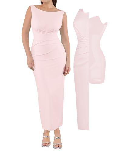popilush formal office dresses for women - long dress - ruched bodycon maxi dress backless pink