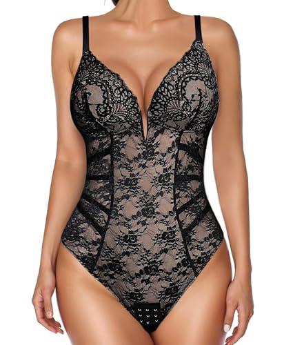 popilush lace body suits women shapewear bodysuit tummy control deep v neck backless corset tops thong body shaper