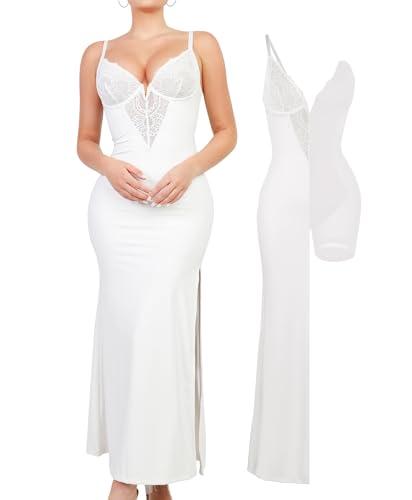 popilush lace cocktail dresses for women - deep v neck shapewear satin high slit bodycon maxi dress - party date night white