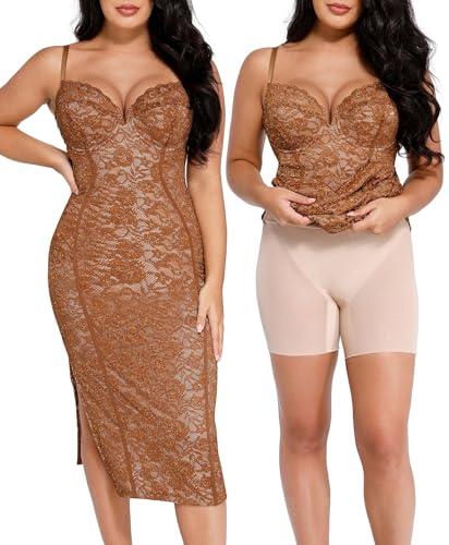 popilush lace cocktail dresses for women - formal party corset shapewear dress deep v neck midi dress with side slit caramel