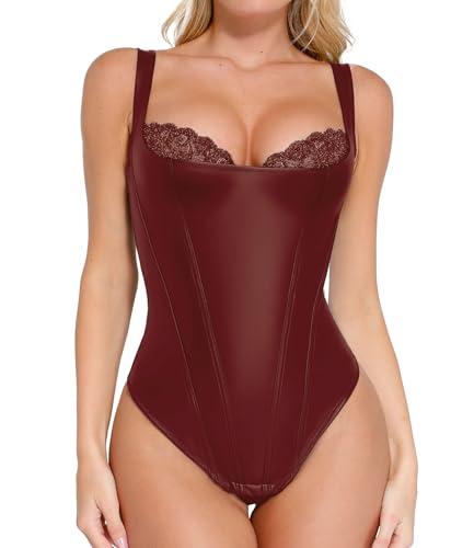 popilush leather bodysuit for women tummy control shapewear lace tank tops sleeveless faux leather thong body suits xx-large