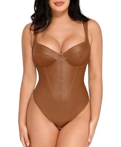 popilush leather corset bodysuit tummy control v neck thong shapewear sleeveless brown body suit fall outfits for women 2024 tank top