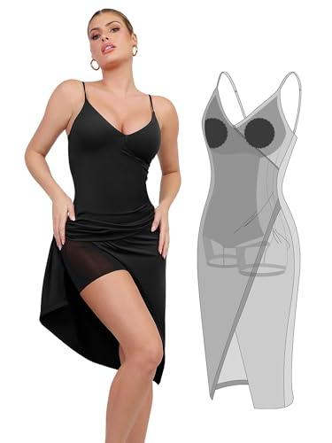 popilush little black midi dress spaghetti strap slit cocktail dress with built in shapewear