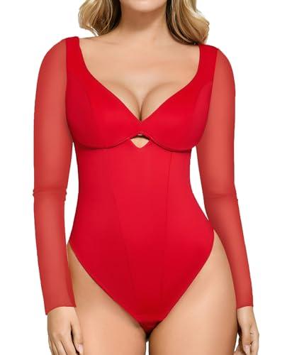 popilush long sleeve body suits womens shapewear bodysuit tummy control going out mesh corset bodysuits for women tops v neck cutout fall winter red