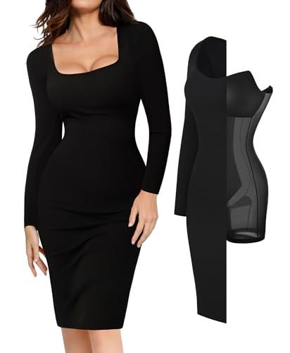 popilush long sleeve cocktail dress for women midi dresses shapewear tummy control black bodycon dress built-in bra