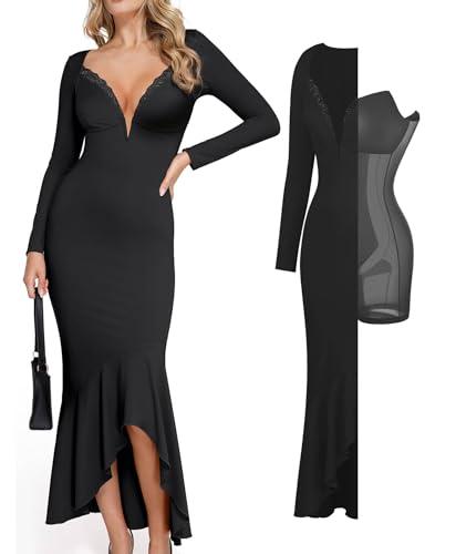 popilush long sleeve cocktail dress for women shapewear tummy control party dresses deep v neck lace mermaid maxi dress black