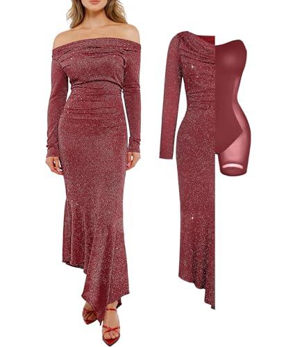 popilush long sleeve cocktail dress off the shoulder dresses for women shapewear sparkly bodycon mermaid dresses red