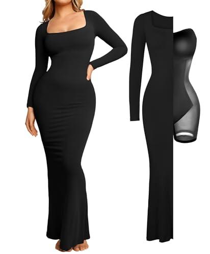 popilush long sleeve dress formal cocktail dresses for women shapewear tummy control bodycon fall maxi dress built-in bra black