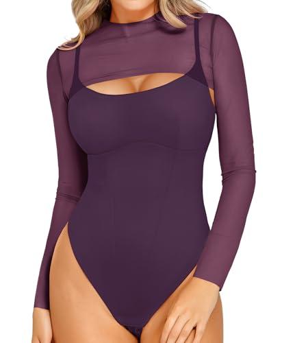 popilush long sleeve purple body suits womens mesh shapewear bodysuit tummy control two piece mock neck trendy going out tops