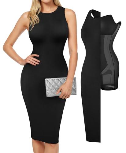 popilush midi dresses for women - summer black bodycon shapewear sleeveless crew neck dress causal party club outfits