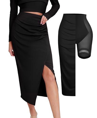 popilush midi skirt with built in shapewear split high waisted bodycon a line skirts for women slit slim long skirt black