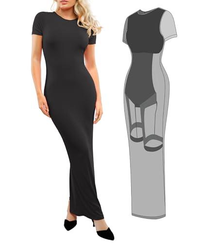 popilush shaperwear dress built-in bra women's casual lounge dress with zipper short sleeve mock neck bodycon dresses black