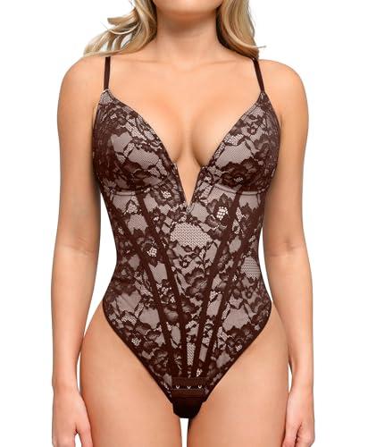 popilush shapewear bodysuit for women deep v neck sleeveless lace corset bodysuits tummy control tank tops