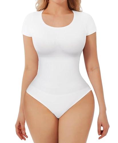 popilush shapewear bodysuits for women tummy control seamless scoop neck thong short sleeve body suits corset tops 3xl