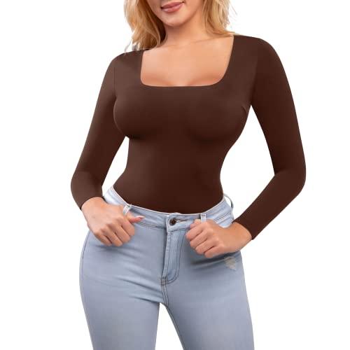popilush shapewear bodysuits for women with built in bra square neck short sleeve thong body suits corset tops brown xxl