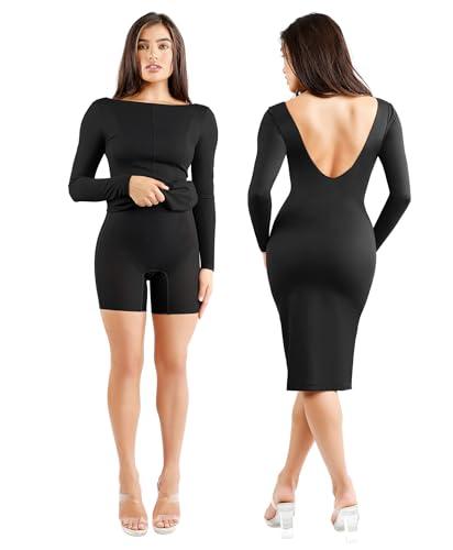 popilush shapewear cocktail dress backless shaper dress with built in shapewear long sleeve cocktail dresses for women black