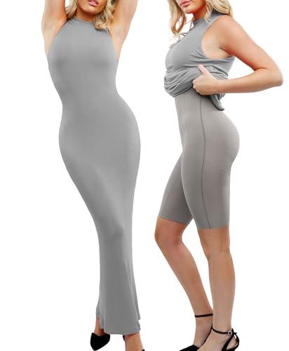 popilush shapewear dress built in bra - maxi bodycon dresses mock neck sleeveless summer dress for women grey
