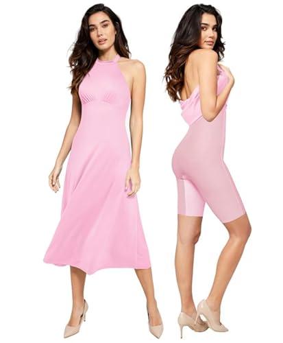 popilush shapewear dress built in bra halter neck sleeveless backless a-line wedding guest midi dresses for women pink