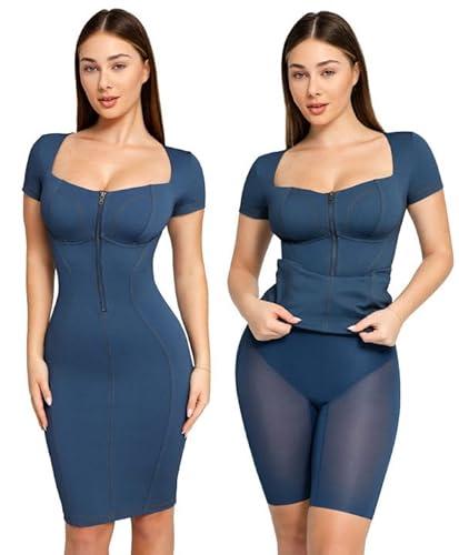 popilush shapewear dress faux denim midi pencil dress tummy control jean bodycon dress with zipper for women 2024