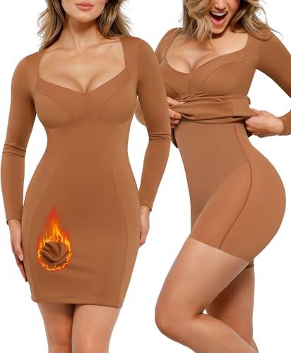 popilush shapewear dress long sleeve sweetheart neckline dress bodycon mini dresses for women tummy control red thermal
