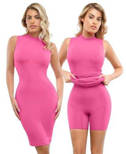 popilush shapewear dress midi bodycon - mock neck built in shapewear bra 9 in 1 sleeveless slip dress for women pink
