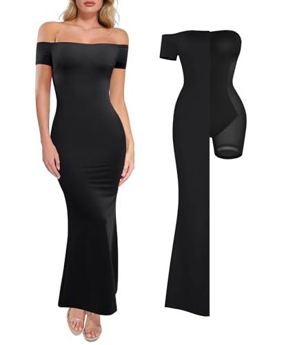 popilush shapewear dress off shoulder formal dresses for women short sleeve bodycon maxi dress built in bra black
