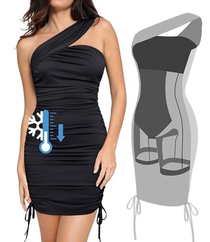 popilush shapewear dress one shoulder ruched dress with drawstring for women summer dress bluetag collection black