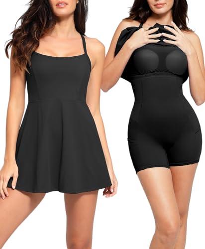 popilush shapewear tennis dress for women mini dress athletic dress with built in bra shorts pockets workout dress golf black