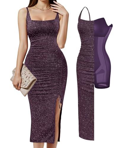 popilush sparkly cocktail dresses for women tummy control formal shapewear dress square neck ruched purple midi dress side slit