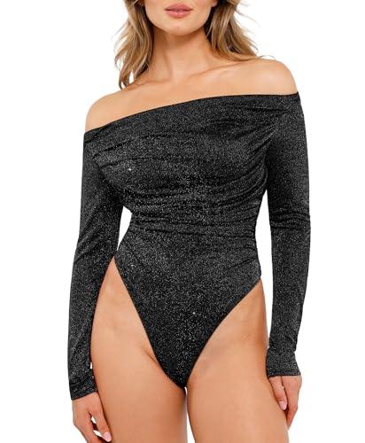popilush sparkly tops for women - long sleeve bodysuit off the shoulder tops tummy control shapewear thong going out tops