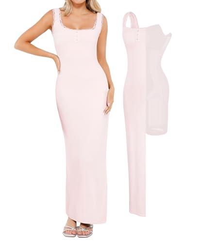 popilush summer dress built-in shapewear bra tank maxi dress square neck lace trim going out vacation dresses for women pink