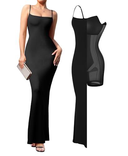 popilush summer maxi dress for women - cocktail shapewear dresses built-in bra adjustable straps vacation long slip black