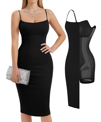popilush summer midi dresses for women - bodycon cocktail party graduation shapewear dress with built-in bra black