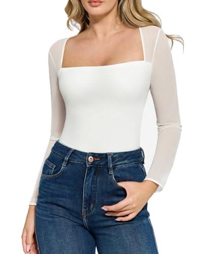 popilush white mesh long sleeve tops for women shapewear bodysuit square neck going out body suits fall concert outfits