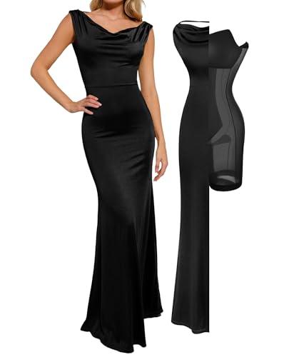 popilush women's elegant maxi dress - sleeveless formal cocktail party shapewear dresses with built-in bra black