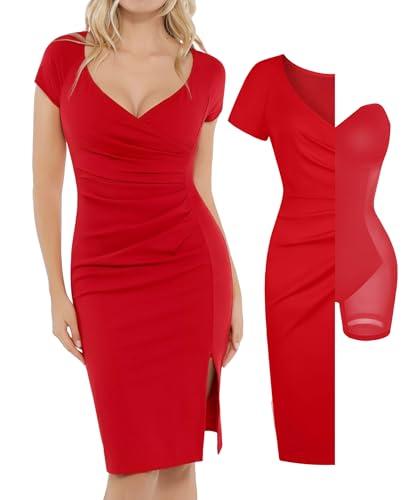 popilush womens shapewear midi dress ruched bodycon pencil dresses built in bra work wedding guest cocktail red