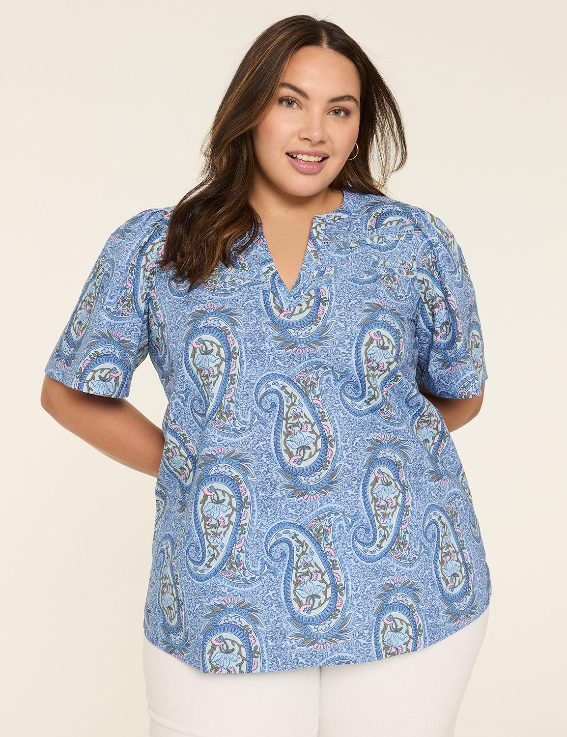 poplin & knit notch-neck trim top