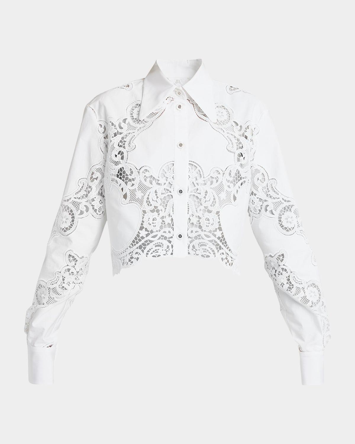 poplin button-front shirt with cutwork lace embroidery
