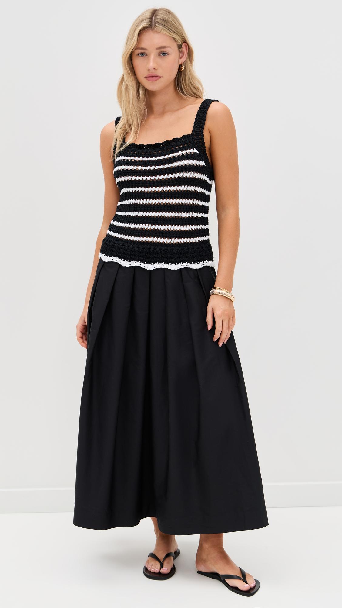 poplin crocheted knit midi dress