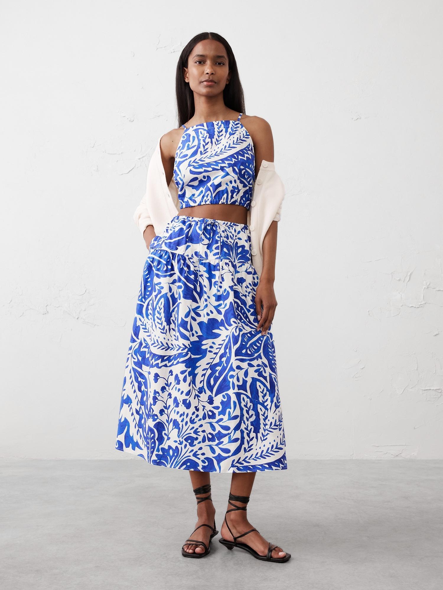 poplin drop-waist midi skirt