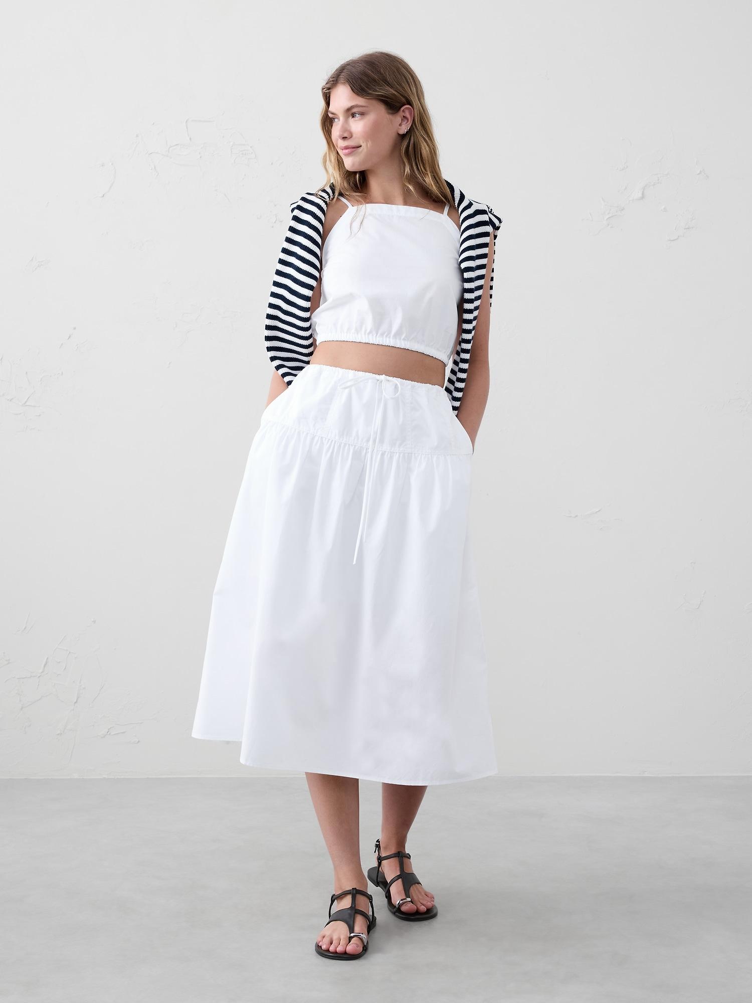 poplin drop-waist midi skirt