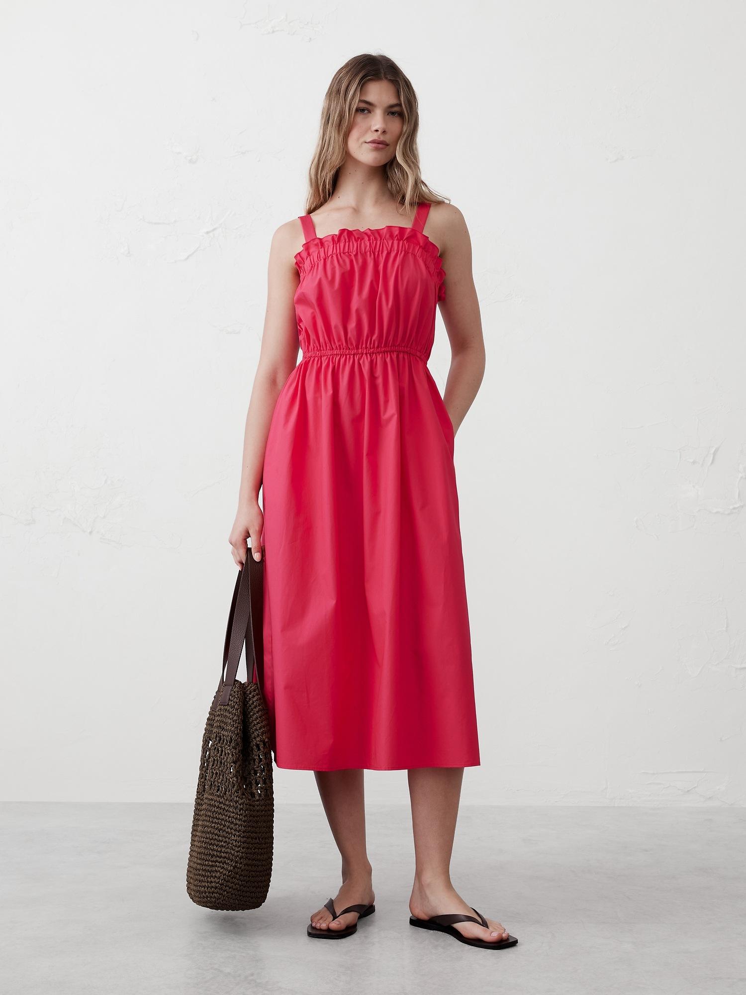poplin elastic-gather midi dress