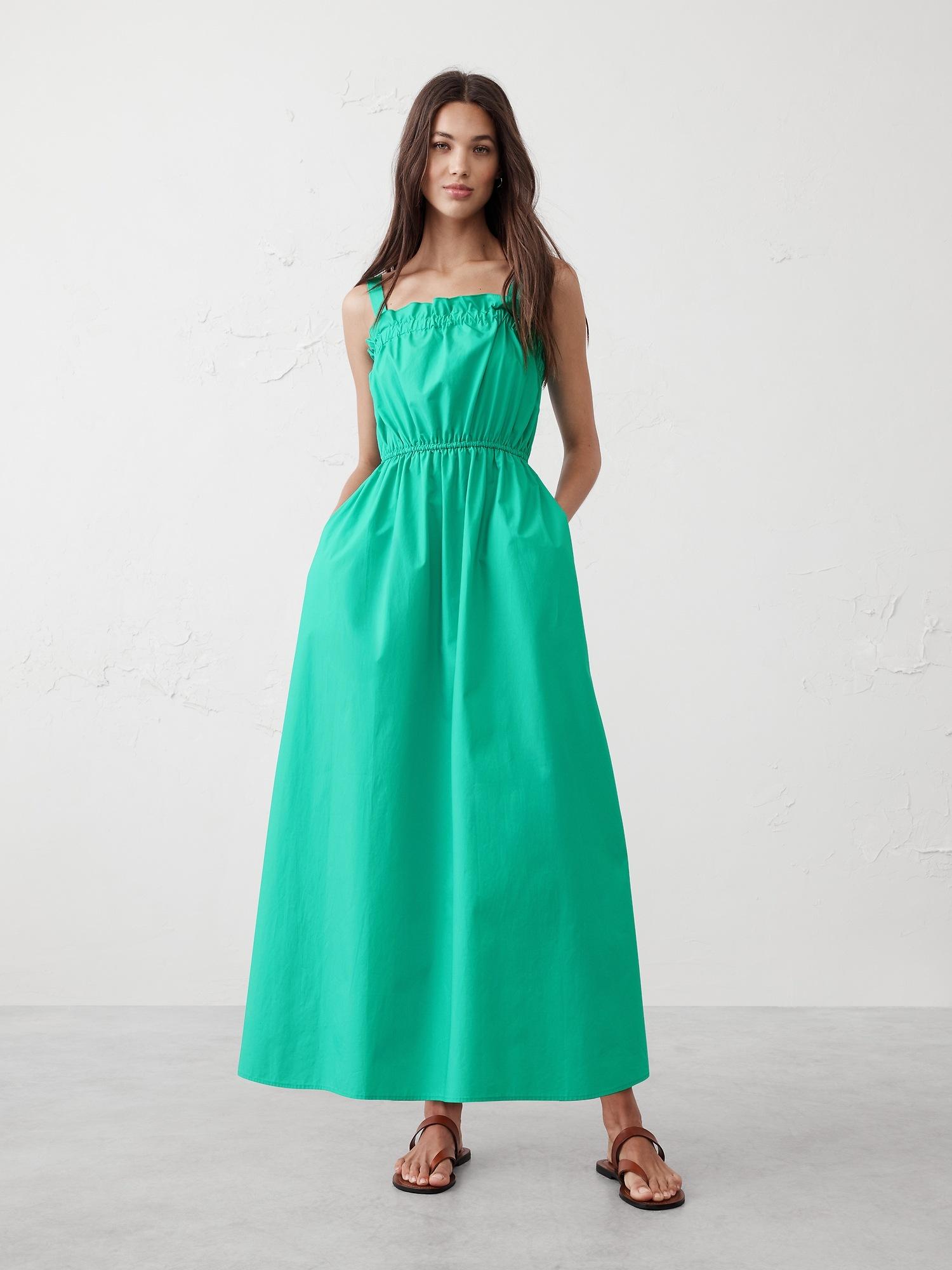 poplin elastic-gather midi dress