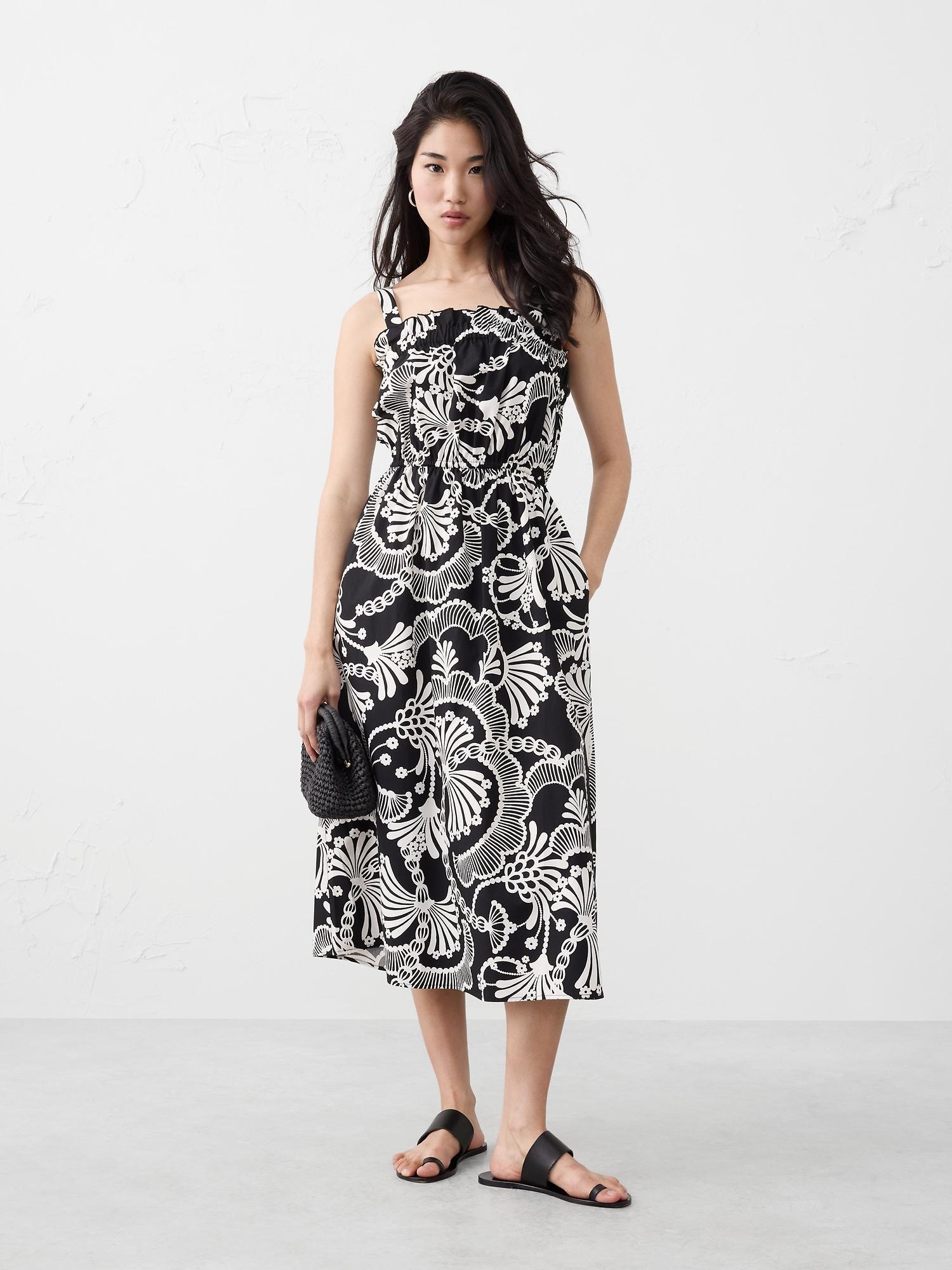 poplin elastic-gather midi dress
