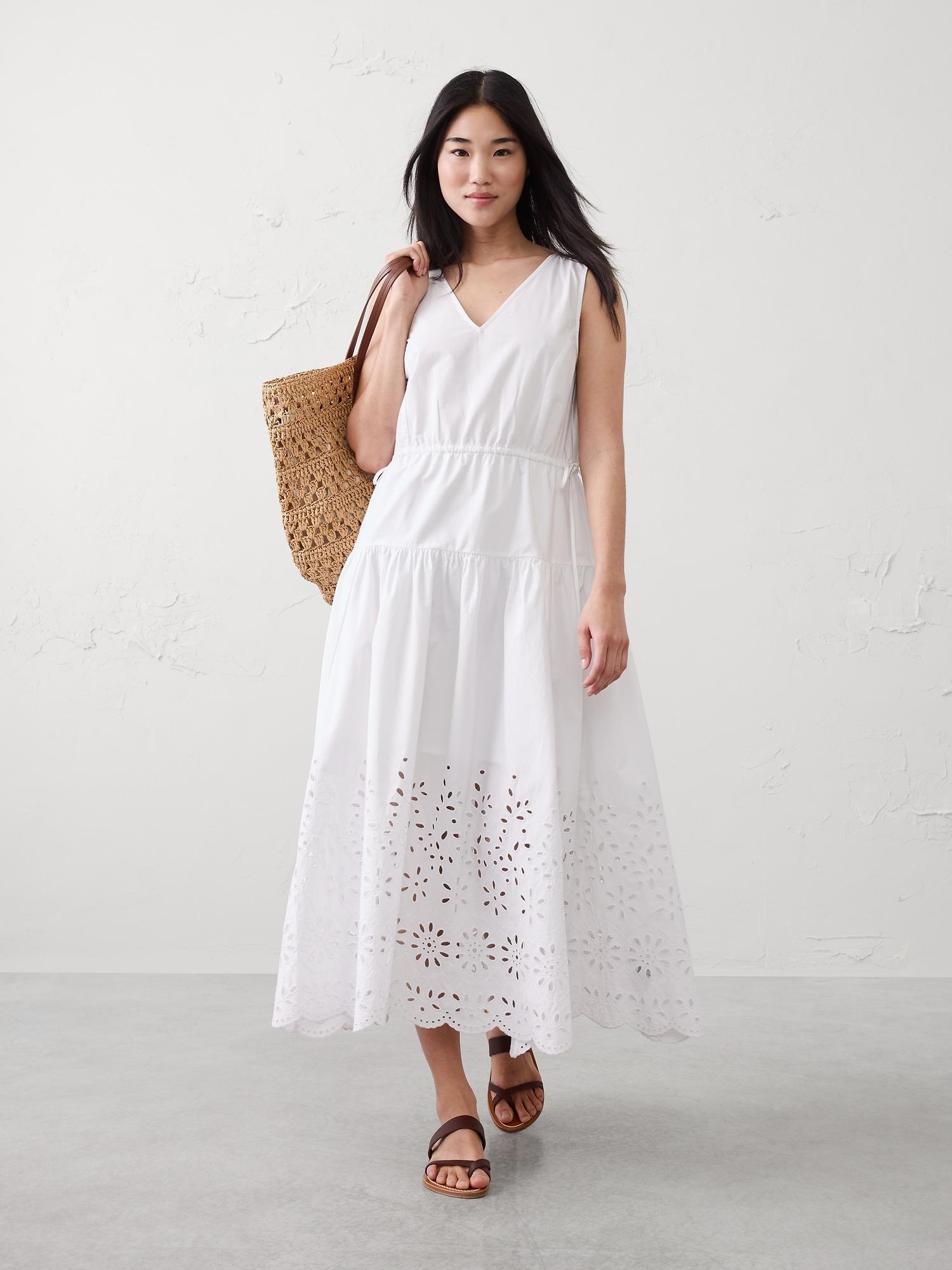 poplin eyelet-hem midi dress