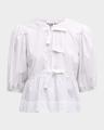 poplin front-tie peplum blouse with puffed-sleeves